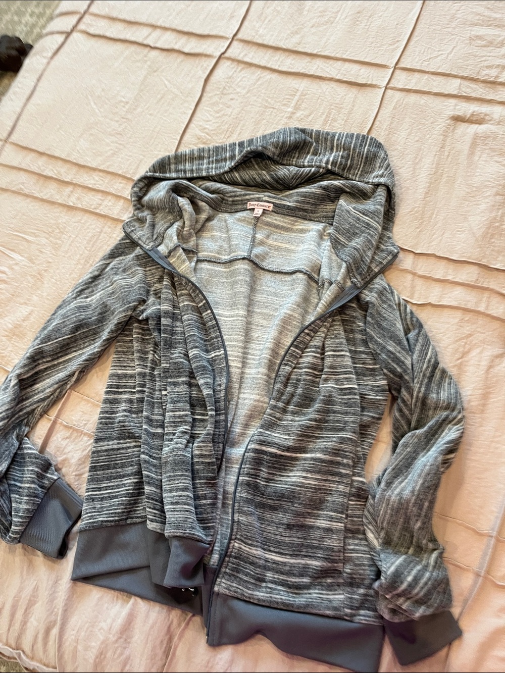 Juicy Couture Gray Striped Hooded Zip Cardigan
